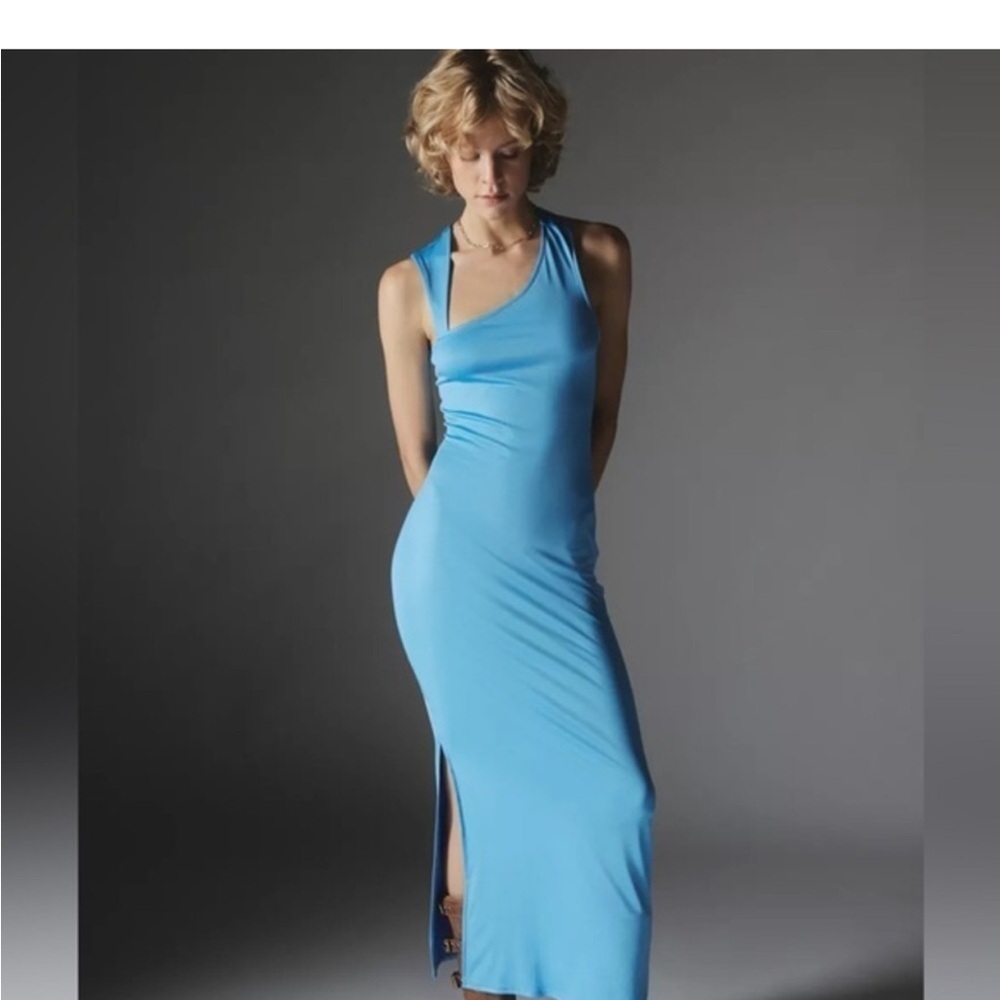 Sky Blue Asymmetric Neck Maxi Dress